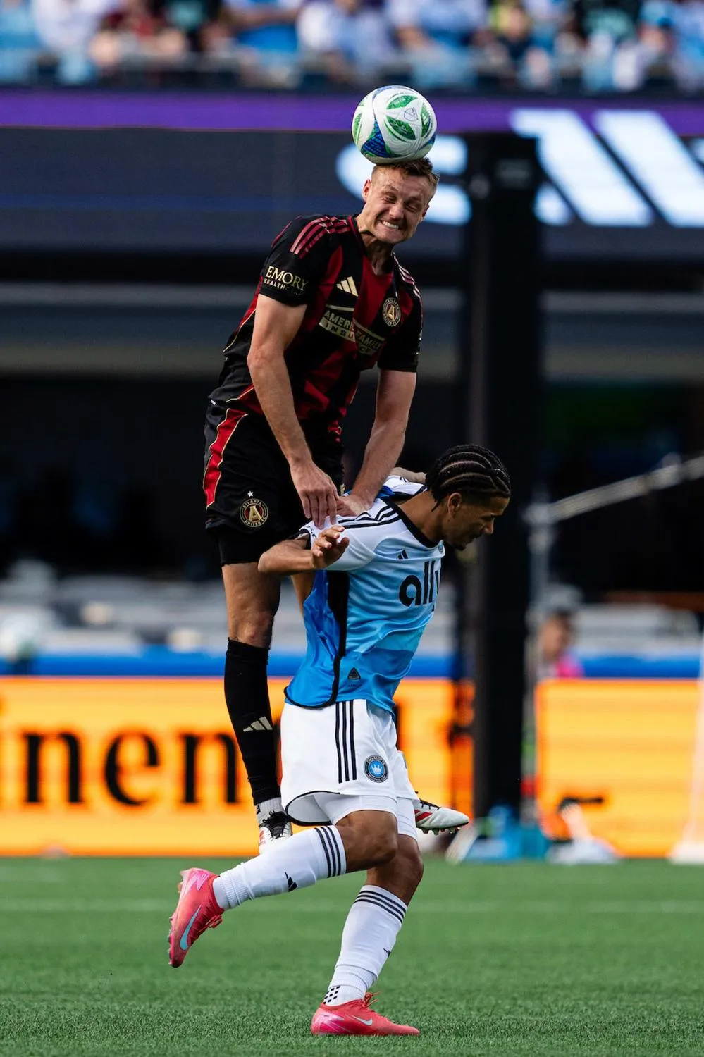 Atlanta United defender Stian Rode Gregersen 5 heads the ball during the match against Charlotte FC at Bank of America Stadium in Charlotte N C on Saturday March 1, 2025 ( Photo by Atlanta United )